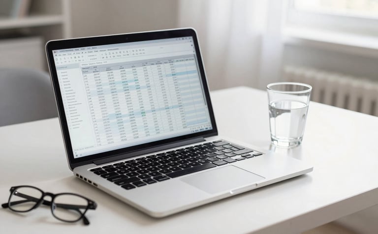 An organized home office setup featuring a laptop displaying a financial spreadsheet, a pair of glasses, and a glass of water. Soft morning light creates an atmosphere of clarity and efficiency. Colors: Cloud white and deep navy.