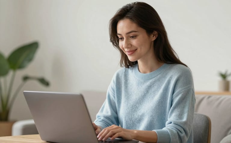 Photography of a calm woman in a soft pale azure sweater sitting in a bright room, smiling gently while looking at her laptop screen. The background is a misty pearl white wall with a soft green plant. The lighting is warm and natural, creating a trustworthy and empathetic atmosphere.