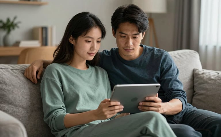 Photography of a couple sitting comfortably on a soft sofa, looking at a tablet together with calm expressions. They are wearing muted sea green and deep charcoal blue clothing. The setting is a cozy, modern living room with soft, comforting lighting.