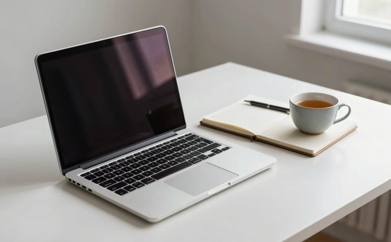Photography of a clean, minimalist professional desk. A laptop is open on a misty pearl white surface next to a notebook and a ceramic cup of tea. Soft morning light enters from a side window, reflecting a modern and compassionate workspace.