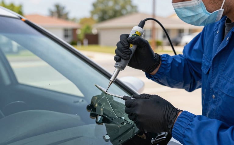 A close-up photograph of a professional technician in a clean blue uniform using precision resin injection tools to repair a stone chip on a car windshield. The setting is a bright North American suburban environment. The lighting is crisp and natural, highlighting the clarity of the glass and the high-tech equipment.