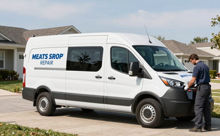 A clean, white mobile service van with professional lettering for a glass repair company parked in a North American residential driveway. A technician is seen unloading a professional toolkit. The scene is bright and assuring, with soft blue sky reflections and a clean suburban backdrop.