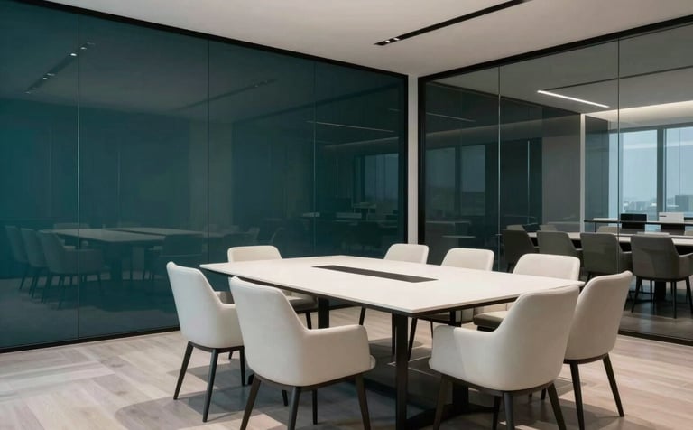 High-end corporate meeting room with glass walls and minimalist furniture. The style is sophisticated, using deep teal and off-white colors, suggesting exclusivity and premium service.