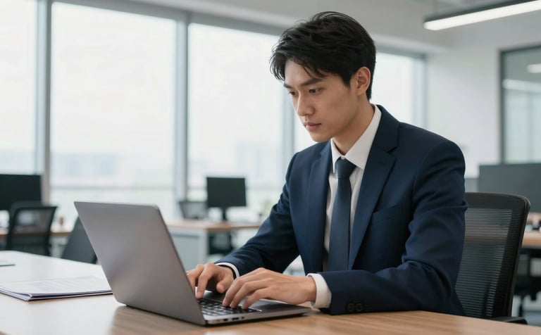 A young professional in business attire working on a laptop in a clean, modern office space. The color palette includes dark navy blue accents and plenty of natural light through large windows.