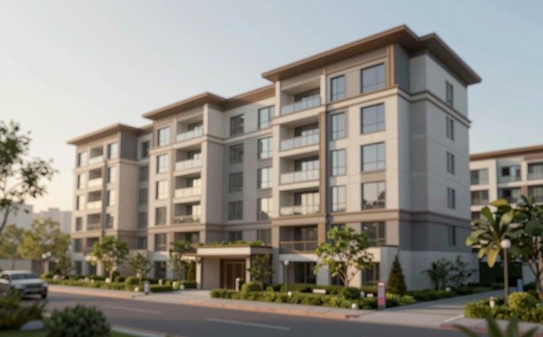 A high-end, modern residential apartment complex in Faridabad with lush landscaping and clean architectural lines. The lighting is warm afternoon sun, reflecting a sense of stability and luxury. The color palette includes hints of #5B824E in the greenery and neutral stones matching #F1F4EE.