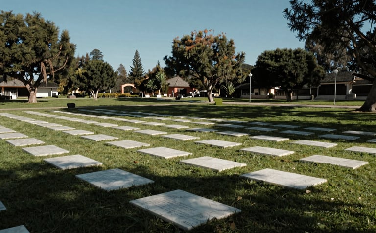 A beautifully maintained memorial park in Peru with lush green grass and white marble plaques under a clear sky. The scene is calm and respectful, with subtle Deep Slate and Muted Blue shadows casting a peaceful mood over the landscape.