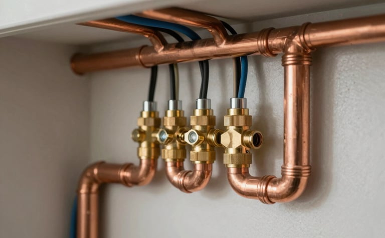A detailed shot of high-quality copper piping and clean electrical wiring organized inside a wall of a North American home. The craftsmanship is evident in the neat arrangement of brass and steel components.