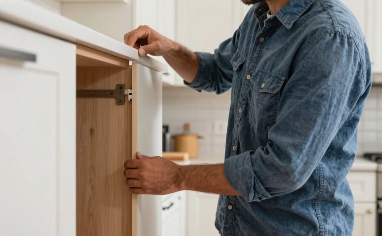 A professional craftsperson wearing a durable canvas shirt in a North American home, expertly installing wooden cabinetry in a bright kitchen. Soft natural lighting highlights the sturdy construction. Colors emphasize steel blue and off-white tones.