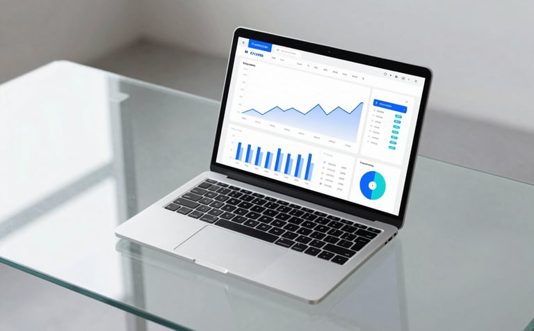 A minimalist overhead shot of a modern glass desk with a slim laptop showing advanced financial reporting software. The interface features clean line graphs and professional UI elements in brand blues (#21598B) and teals (#7AB2B2). Modern, sharp, and high-tech feel.