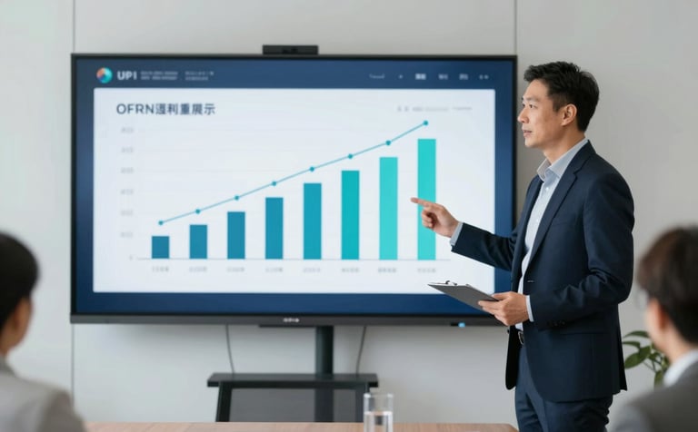 A high-end corporate meeting room where a professional consultant is presenting data-driven growth charts on a digital display. The lighting is soft and natural, emphasizing a clean and trustworthy environment. The color palette includes professional navy (#0F1E2E) and teal accents (#7AB2B2).