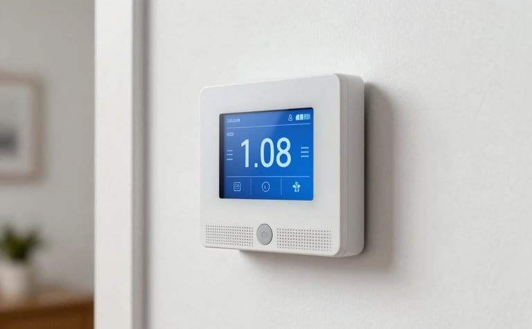 A modern smart thermostat mounted on a crisp white wall inside a North American / US home. Soft, clean indoor lighting, showcasing efficiency and modern HVAC control. Brand colors of off-white and steel blue are evident.