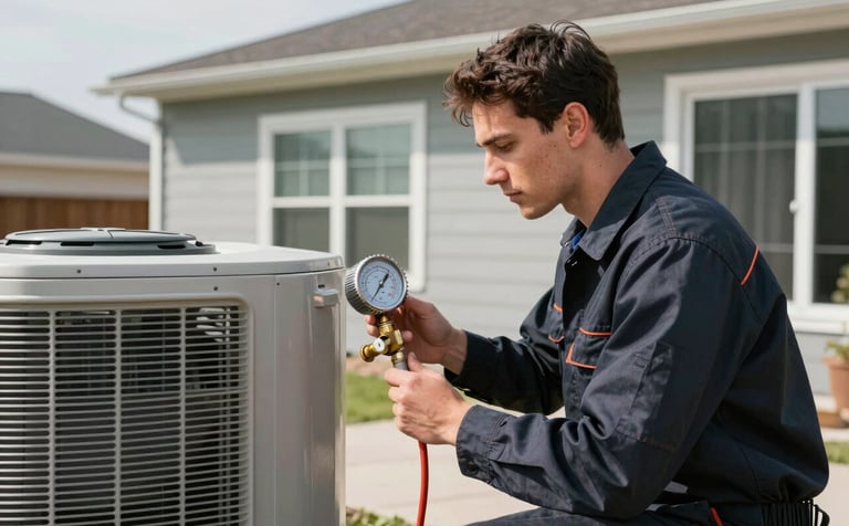 A professional HVAC technician in a clean dark navy uniform inspecting an outdoor air conditioning unit with a pressure gauge. Bright daylight, side view of a modern North American / US house. Professional, sharp focus, capturing reliability and expertise.