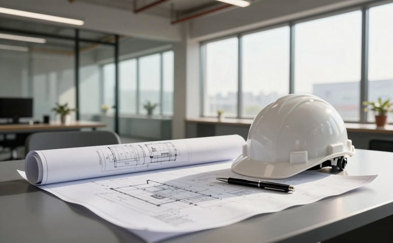 A wide-angle, sharp-focus photograph of a clean, modern construction office in the North American / US region. A large rolled-out blueprint sits on a charcoal grey desk next to a white hard hat and a high-end metal pen. Soft morning sunlight filters through large windows.