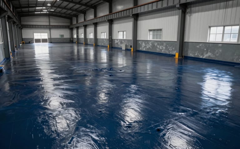 An interior photograph of a large industrial warehouse. The floor is coated in a glossy, heavy-duty chemical-resistant material in dark navy and steel blue tones. The environment is clean, organized, and looks highly durable.