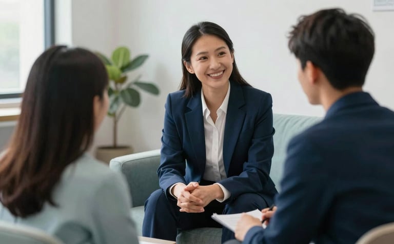 A professional academic consultant in a clean, modern North American / US office setting, smiling as they speak with a student and parent. The environment is trustworthy and inviting, featuring furniture in Deep Blue and Light Mist tones.