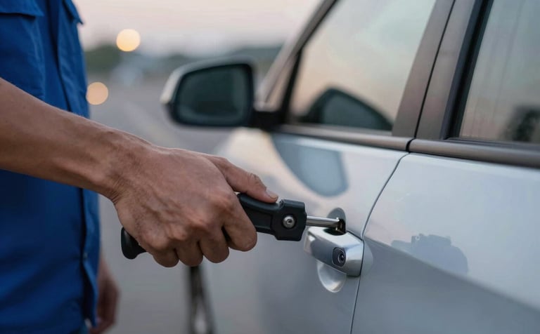 An action shot of a locksmith's hand using a professional tool to unlock a car door. The background shows the soft glow of streetlights at dusk, highlighting reliability and 24/7 service. Incorporates #1B263B and #F5F5F5.