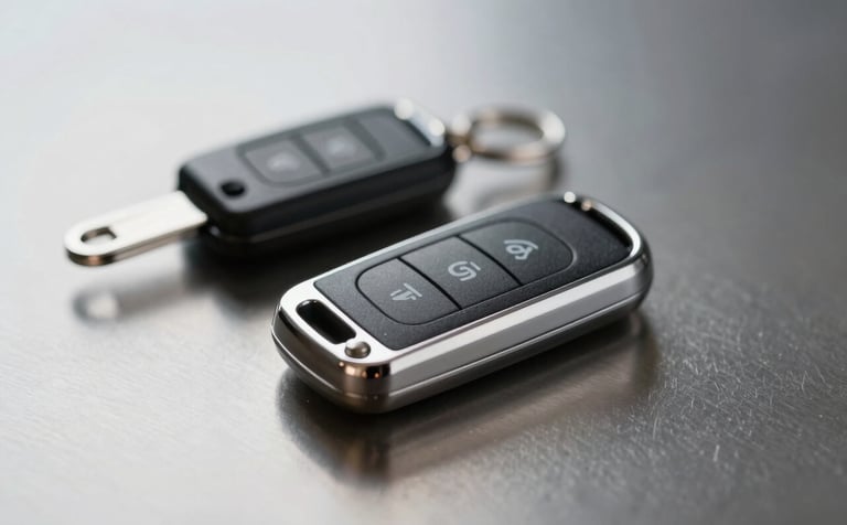 A close-up, high-detail shot of a modern car key fob and a transponder key resting on a clean, dark metallic surface. The lighting is crisp and modern, reflecting the #E0E1DD palette and projecting a sense of advanced technology.