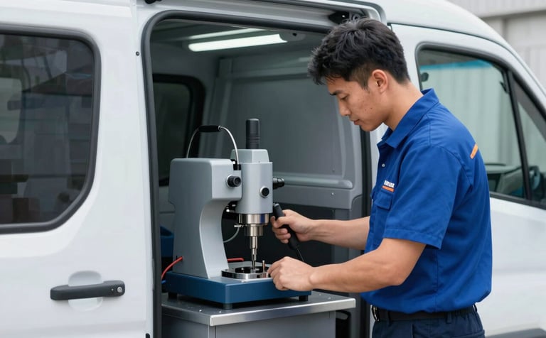 A professional locksmith using a high-precision key cutting machine inside a modern mobile service van. The scene is bright and efficient, featuring the brand colors #1B263B and #415A77 in the technician's uniform and equipment.