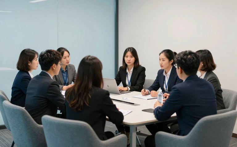 A collaborative meeting in a bright, modern North American / Quebecois corporate office in Montreal. Professionals are discussing projects around a table with soft grey-blue chairs and pale off-white blue walls.
