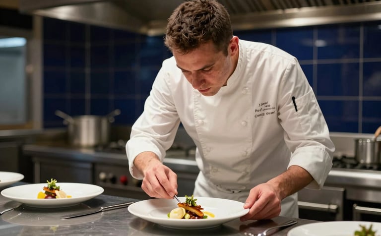 A focused chef plating a gourmet dish in a sleek, high-end North American / Quebecois restaurant kitchen. The lighting is focused and warm, with dark navy blue accents in the background tiles.