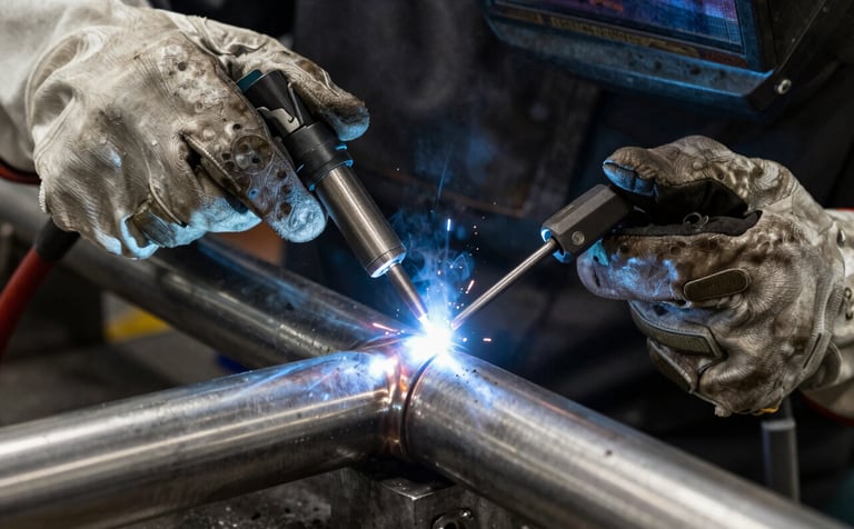 A close-up photograph of a professional welder's gloved hand performing TIG welding on a stainless steel pipe. A brilliant blue-white arc glows at the tip of the torch, reflecting off the polished metal surface. The background is a dark charcoal industrial workshop in a North American setting, emphasizing precision and clean craftsmanship.