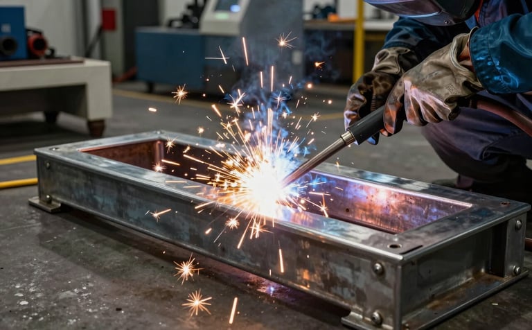 A high-contrast photograph of GMAW welding on a heavy-duty stainless steel frame. Dynamic sparks in golden hues fly from the contact point. The scene is set in a modern North American metal fabrication shop with sleek equipment and low-key lighting, highlighting the robust and durable nature of the work.