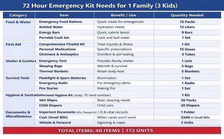 Checklist table of 72-hour emergency kit needs for a family with 3 kids, listing survival food, first aid, and shelter