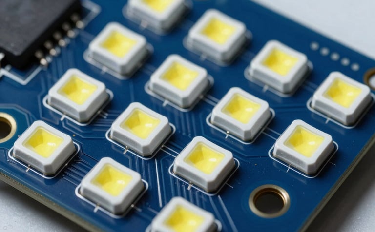 Macro photography of high-quality SMD LED chips arranged on a royal blue circuit board, featuring precise metallic contacts and clear yellow phosphors, cool professional laboratory lighting, high-tech aesthetic.