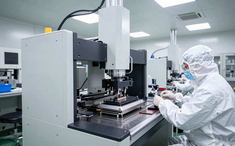 Wide angle view of a high-tech cleanroom facility in East Asian / Chinese setting, featuring automated ASM wire bonding machinery and technicians in white protective gear, bright clinical lighting, professional industrial photography.