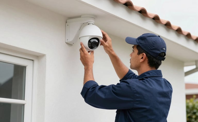 Professional South American / Brazilian technician in a navy blue uniform installing a white dome security camera on a clean residential exterior wall. Bright daylight, focused composition, highlighting the security service.