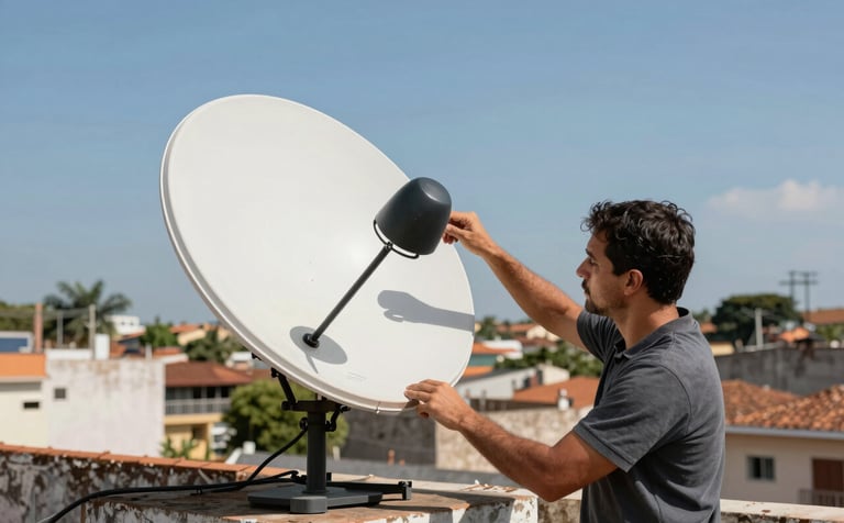Professional technician adjusting a digital satellite dish on a sunny rooftop in a Brazilian neighborhood. Clear sky background, emphasizing technical skill and telecommunications services.