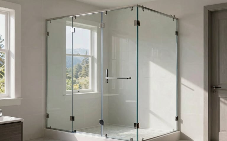 A high-end, frameless custom glass shower enclosure in a modern North American &amp;#x2F; US - Pacific Northwest home. The bathroom features soft off-white tiling and light gray accents, with natural morning light reflecting off the clear, polished glass surfaces, emphasizing cleanliness and craftsmanship.