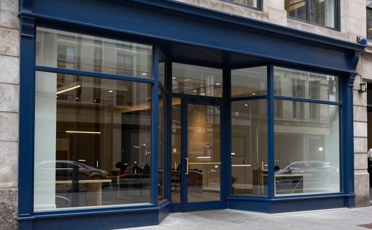 A sleek, modern storefront in a North American &amp;#x2F; US - Pacific Northwest urban district. The image shows large, clean commercial glass panels with professional deep blue metal frames. The lighting is crisp, highlighting the transparency and high-quality installation expected for Portland businesses.