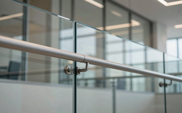 A close-up of a high-end architectural glass railing inside a modern North American &amp;#x2F; US - Pacific Northwest office building. The glass is flawlessly clear with light gray steel supports, showing subtle reflections of a professional interior environment.