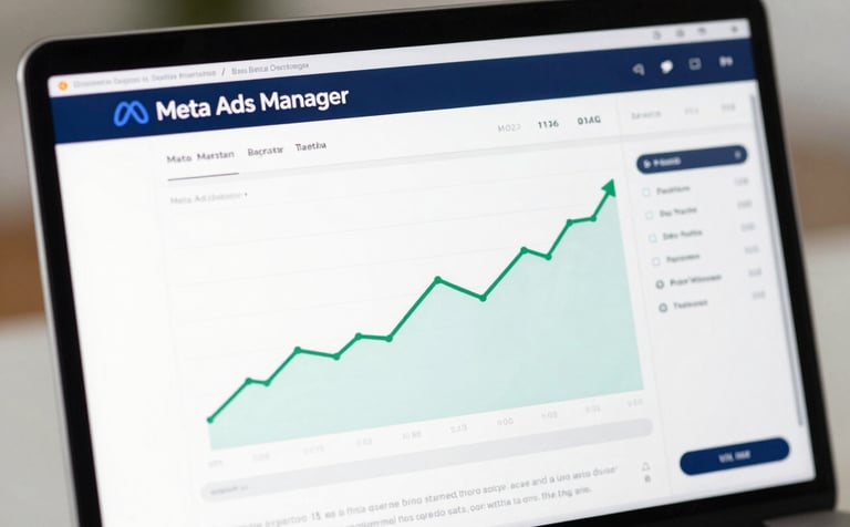 A clean, modern close-up of a high-resolution laptop screen displaying a Meta Ads Manager dashboard with rising green trend lines and data points. The lighting is crisp and professional. The color palette features deep blues (#0A111F) and soft greys (#B0BACF), reflecting a data-driven environment.