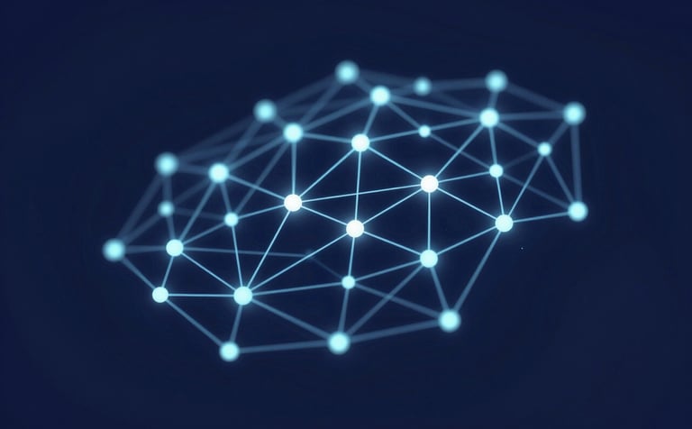 A conceptual, high-contrast image of a digital web or network connecting various data points, symbolizing a full-funnel marketing strategy. The background is a sophisticated dark blue (#0A111F) with glowing accents in light blue (#B0BACF).