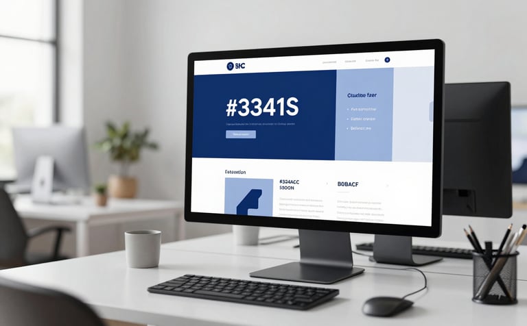 A stylish, minimalist office workspace with a large monitor showing creative ad mockups. The room is brightly lit with natural light, featuring clean lines and a professional aesthetic. Incorporates brand colors #33415C and #B0BACF in the furniture and decor.
