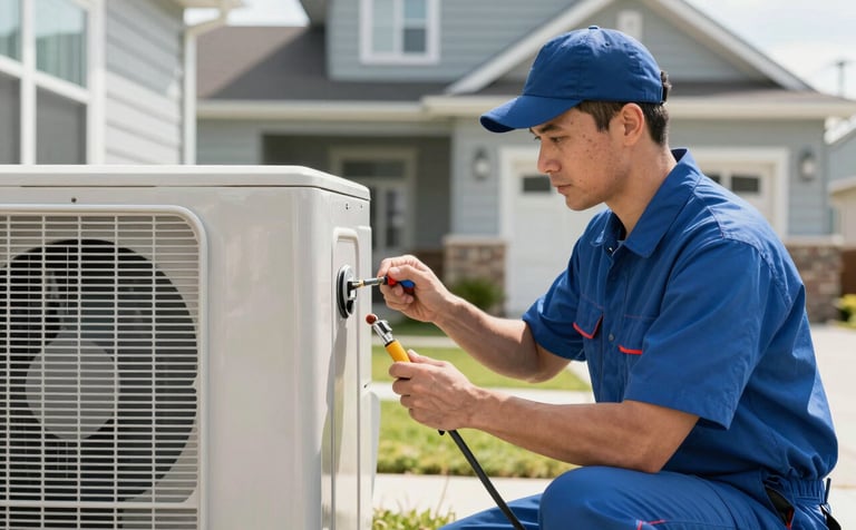 A professional HVAC technician in a clean uniform using tools to inspect an outdoor air conditioning unit. Bright daylight, modern suburban North American home setting. Sharp focus, clean composition, professional photography.