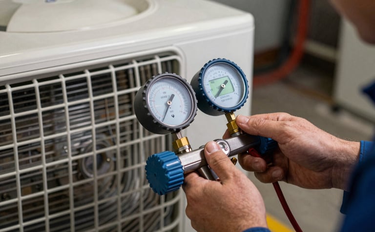 Close-up of a technician's hands using a digital gauge to check cooling pressure on an HVAC system in a North American residential basement. Professional lighting, clean tools, focused atmosphere.