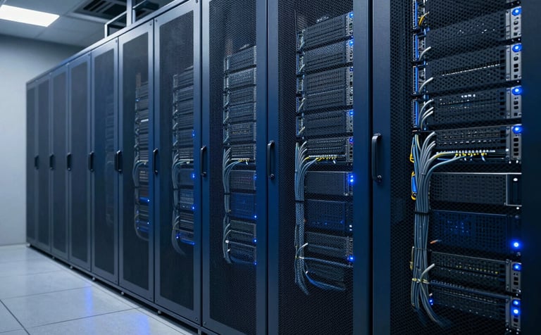 A secure, high-tech server room with deep slate blue server racks and muted steel blue-grey cabling. The atmosphere is professional and innovative, with subtle blue status lights reflecting on the polished floor.