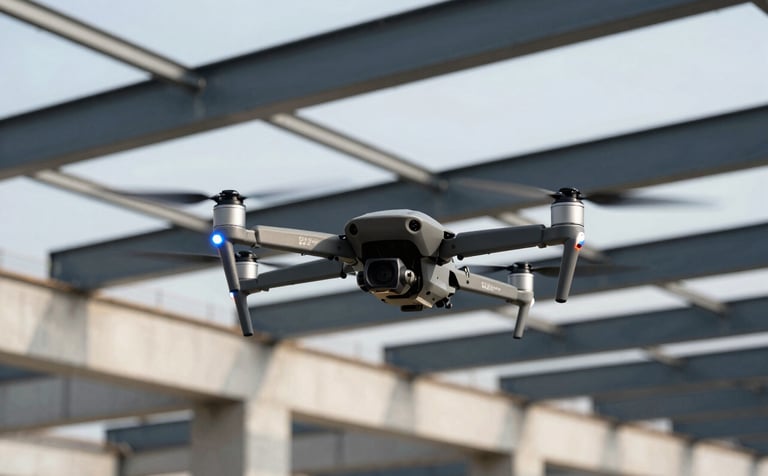 A professional wide-angle shot of a construction site with a high-end survey drone hovering in the foreground. The lighting is bright and clear. The background features geometric steel beams and concrete structures in shades of dark navy and off-white, with electric blue accents in the drone's LED lights.