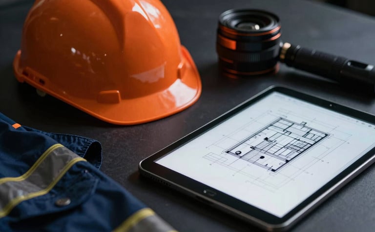 An elegant, technical close-up of high-visibility safety gear and a digital tablet showing architectural blueprints. The composition is clean and modern, featuring deep navy shadows and bright orange highlights from the safety equipment, illuminated by sharp studio lighting.