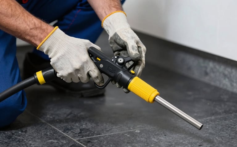 A close-up action shot of a professional plumber using high-pressure declogging equipment in a kitchen. The plumber wears protective gloves, and the tools feature deep service yellow accents against a dark charcoal floor. Sharp focus, professional lighting.
