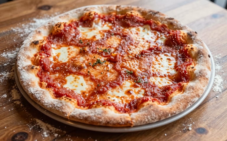 A close-up, high-angle photograph of an artisanal pizza on a rustic wooden table in a North American restaurant. Soft natural light highlights the texture of the flour and the deep ripe crimson of the tomato sauce. The composition is clean and minimalist, reminiscent of Scandinavian design.