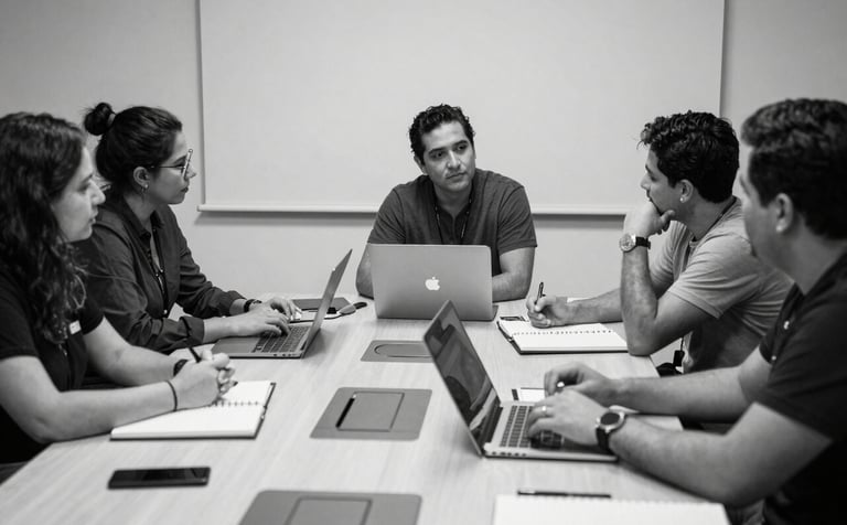 A collaborative meeting room in Latin America where researchers discuss information. The composition focuses on a modern table with notebooks and professional devices, in a clean, high-contrast black and white photography style.
