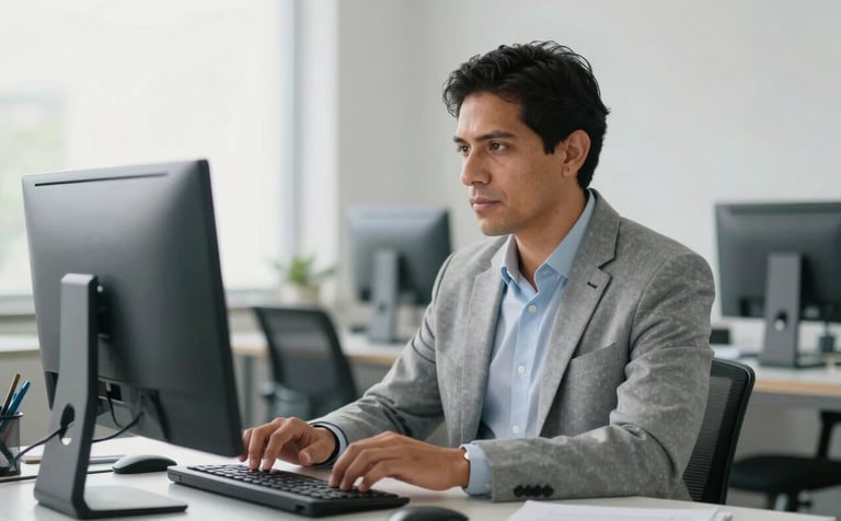 A Latin American academic researcher in a bright, modern office, looking focused while working on a computer. The background shows a clean, professional space with soft natural lighting and a minimalist aesthetic using light gray and white tones.