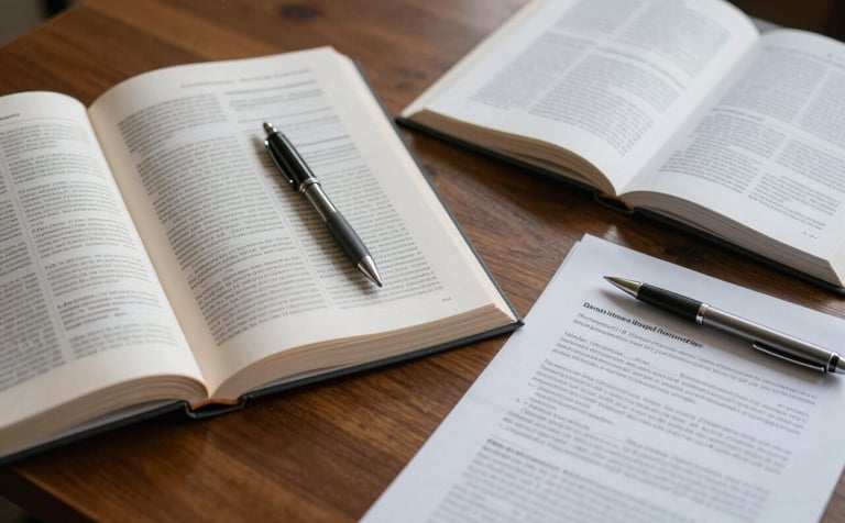 A close-up of a wooden desk in a Latin American university library, featuring open academic journals, a classic pen, and professional documents. The atmosphere is quiet and studious, with soft shadows and dark gray accents.