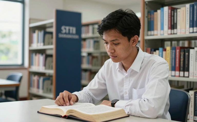 A professional Southeast Asian / Indonesian male student in a white shirt, sitting in a quiet, modern academic library at STTII Samarinda, focused on studying a large open Bible. The scene is lit by soft natural light from a window, with bookshelves in the background using a cool off-white and dark navy blue color palette.