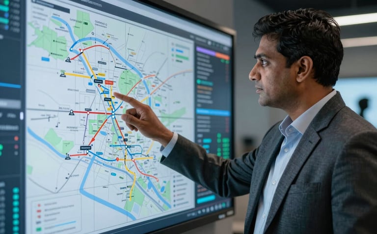 A South Asian / Indian consultant in professional business attire pointing at a logistical map on a digital screen in a high-tech control room. The background shows data streams and route optimizations, emphasizing expert consultation.