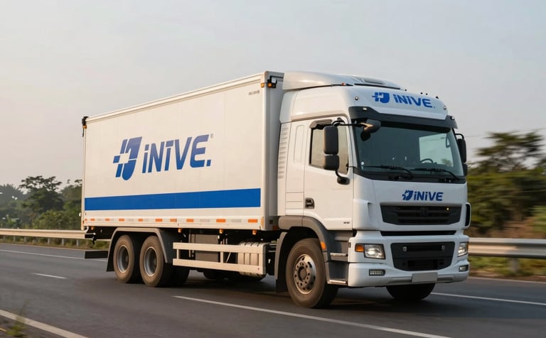 A large commercial transport truck moving efficiently along a modern Indian highway. The truck is well-maintained and branded with professional blue accents. The lighting is warm and natural, suggesting a reliable daytime delivery service.